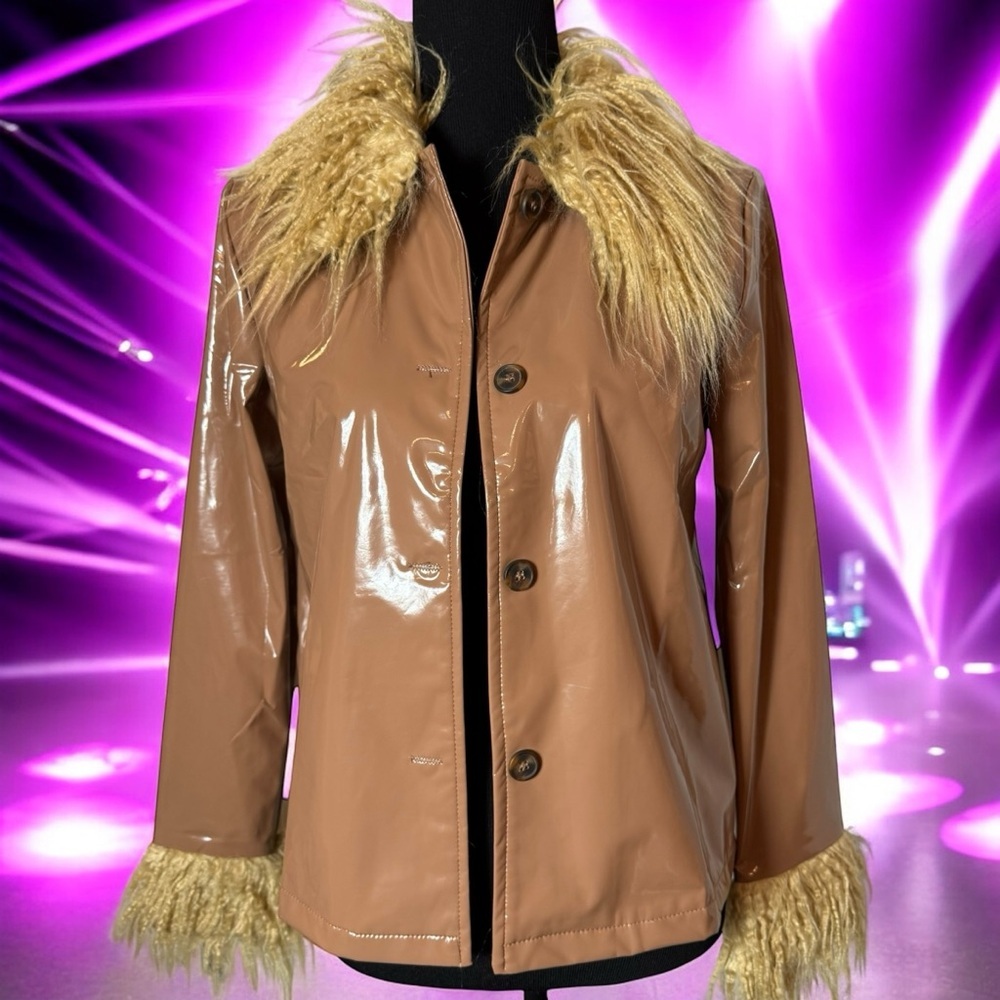 DOLLS KILL HALFHEART BROWN SHINY FAUX LEATHER JACKET W/ FAUX FUR TRIM SIZE MEDM